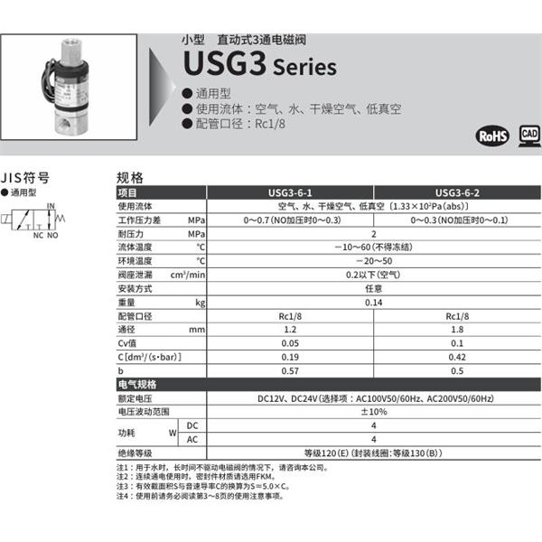 CKD喜開理多種流體小型直動式2通電磁閥USG3-6-2-J-AC200V
