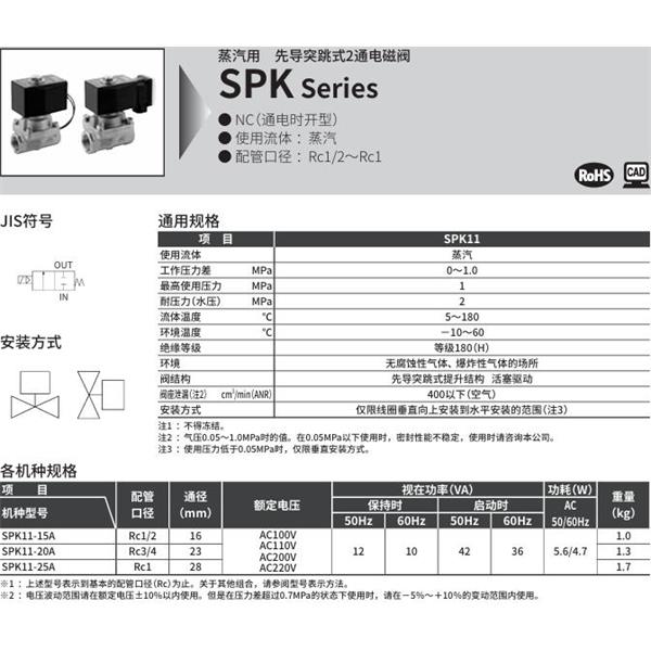 CKD喜開理蒸汽用先導突跳式2通電磁閥SPK11-15N-C4A-AC100V