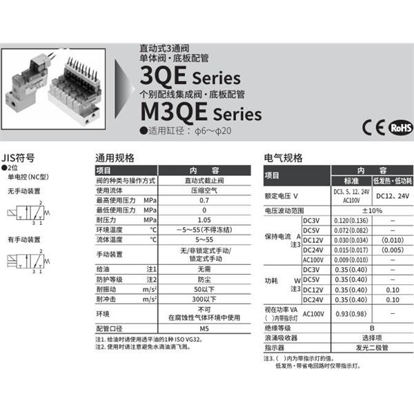 CKD喜開理直動式3通電磁閥3QE110-M5-ME3F-8