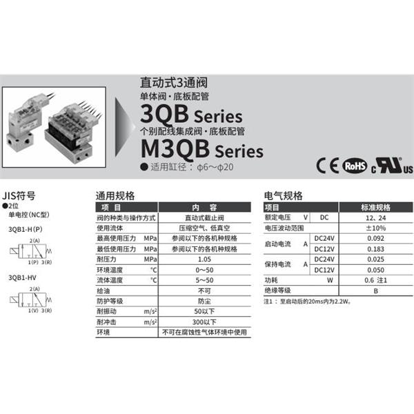 CKD喜開理直動式3通電磁閥M3QB180-M5-C20H-2-3