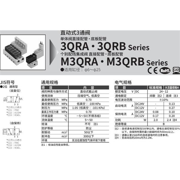 CKD喜開理直動式3通電磁閥3QRB110-M5-C2-3