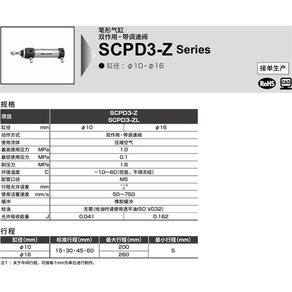 CKD喜開理筆形氣缸SCPD3-ZL-LS-10-250-T5H-T-Y