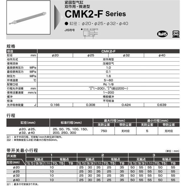CKD喜開理緊固型氣缸CMK2-F-FB-20-100-MI