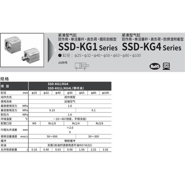 CKD喜開理超級緊湊型氣缸SSD-KG4L-50-10-T2YD-R-N-LB-I