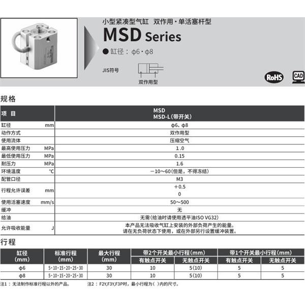 CKD喜開理小型帶線性導軌緊湊型氣缸MSD-8-5-R