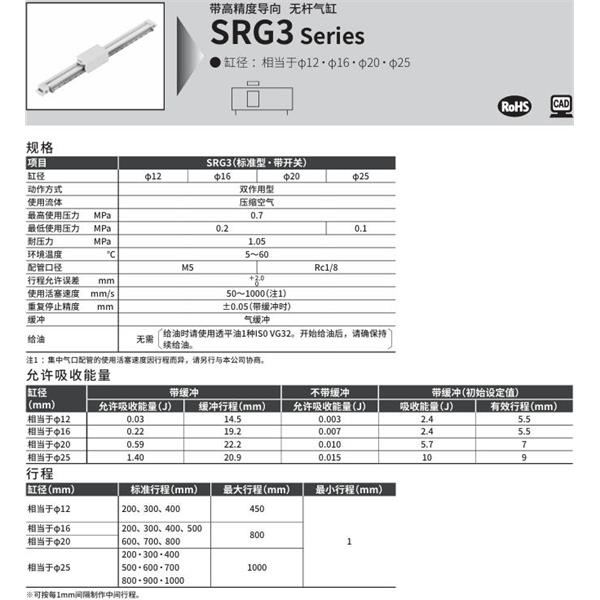 CKD喜開理高精度導軌超級無桿氣缸SRG3-LB1-20R-200-A