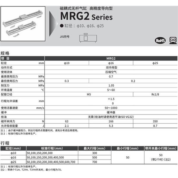 CKD喜開理磁耦式高精度導軌型氣缸MRG2-25-200-T2H-D-A